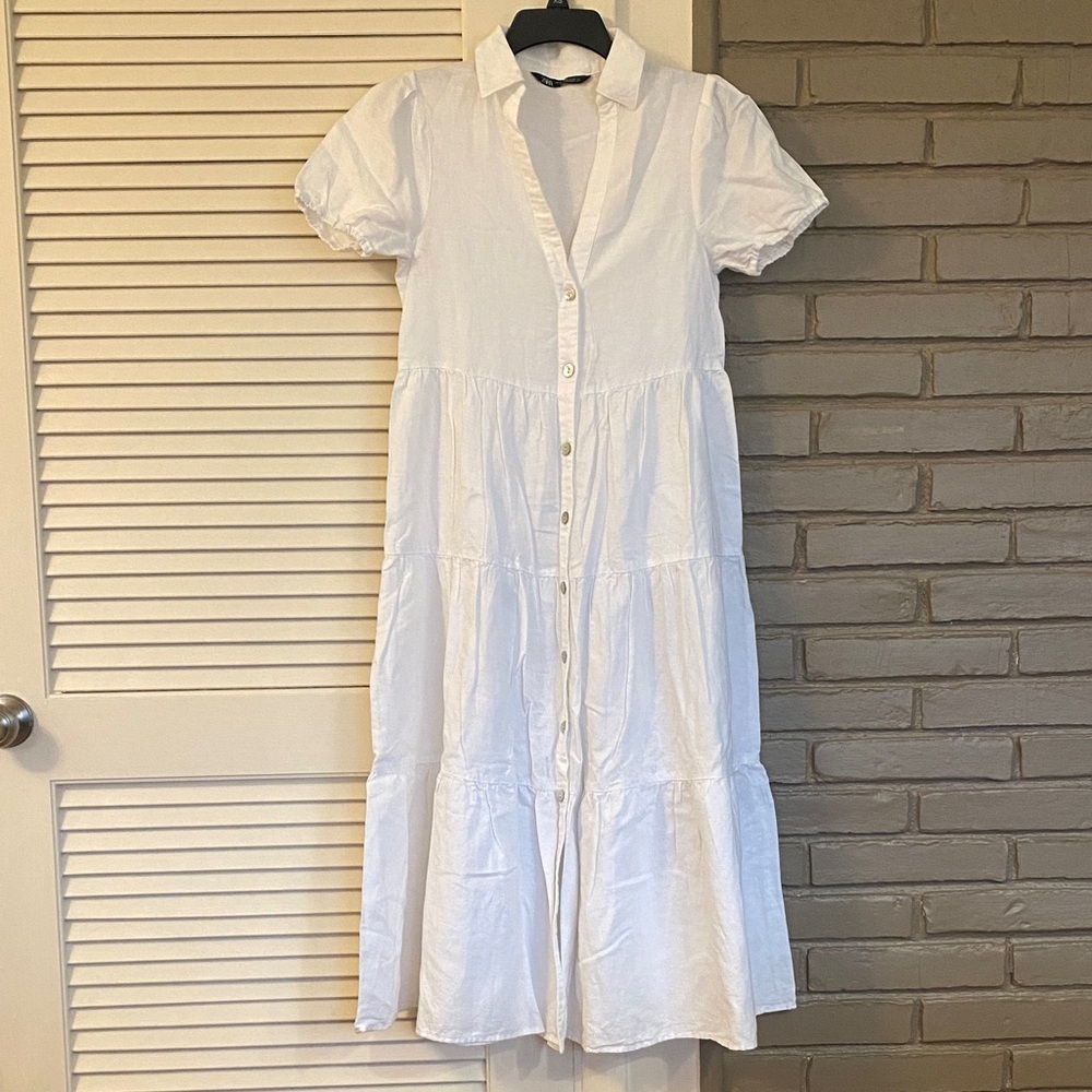Zara White Button-Front Tiered Midi Dress - Picture 1 of 5